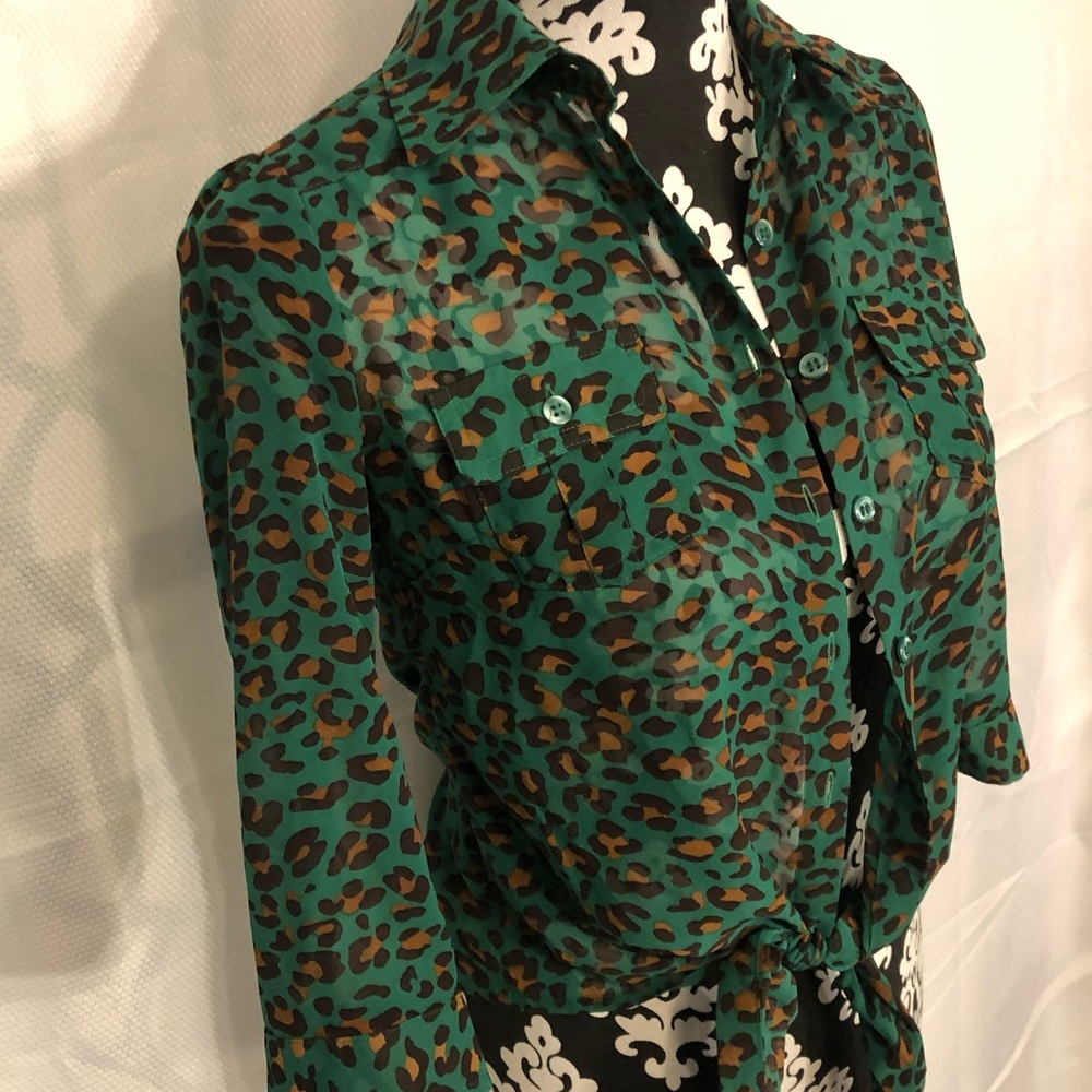 Mine Green + Animal Print Tie Blouse